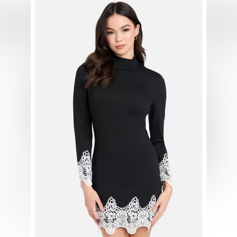 BEBE LACE TRIM MOCK NECK DRESS
